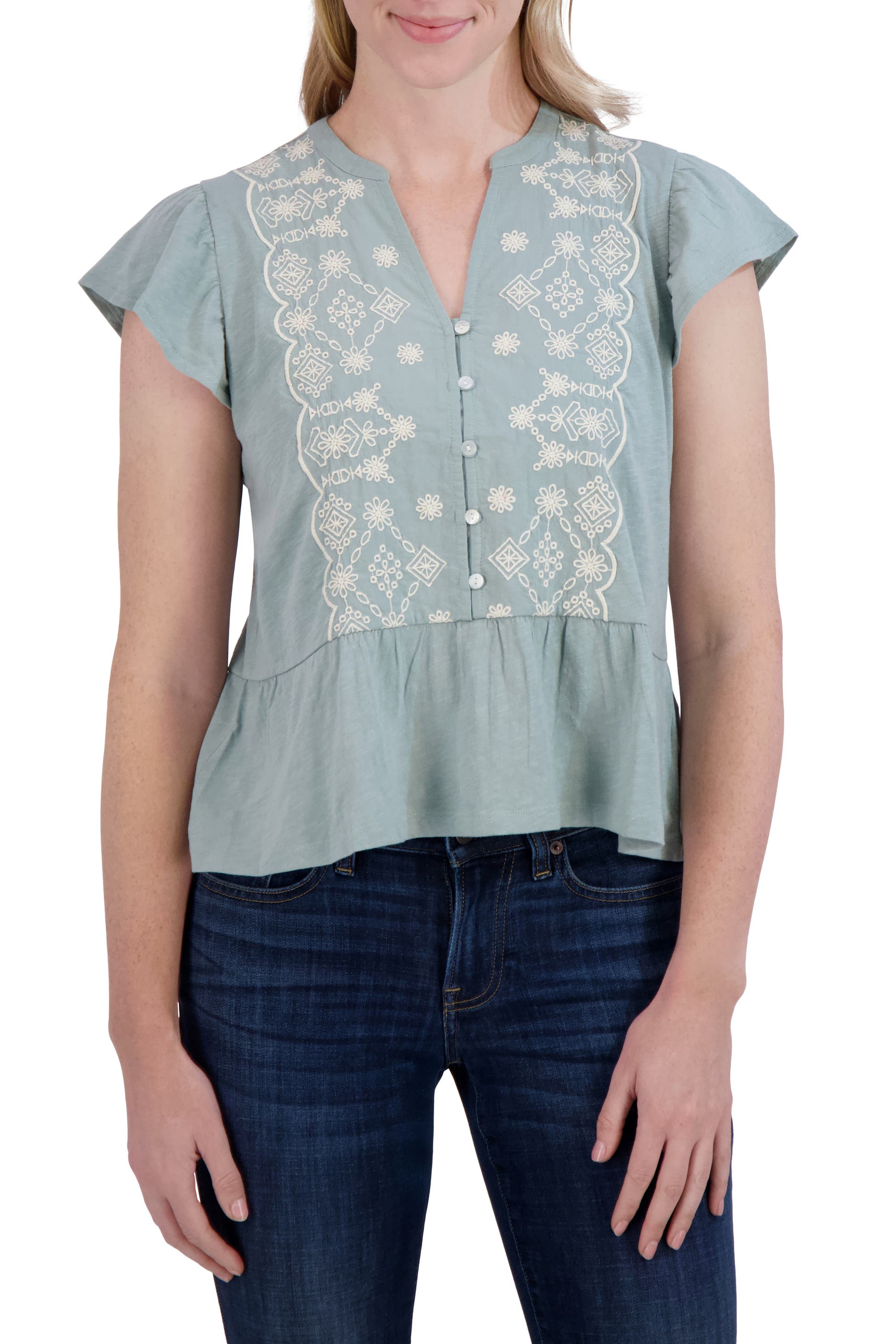 [135618-329] WOMENS LUCKY BRAND OTT FLUTTER SLEEVE TOP - SAGE
