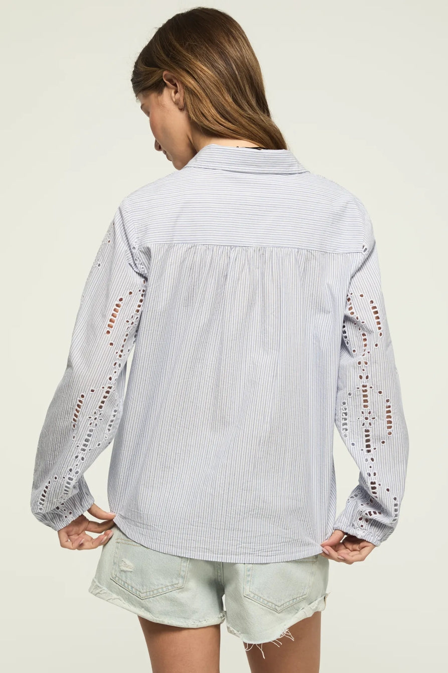 [157841-420] WOMENS LUCKY BRAND CUTWORK LONG SLEEVE BUTTON DOWN - BLUE STRIPE