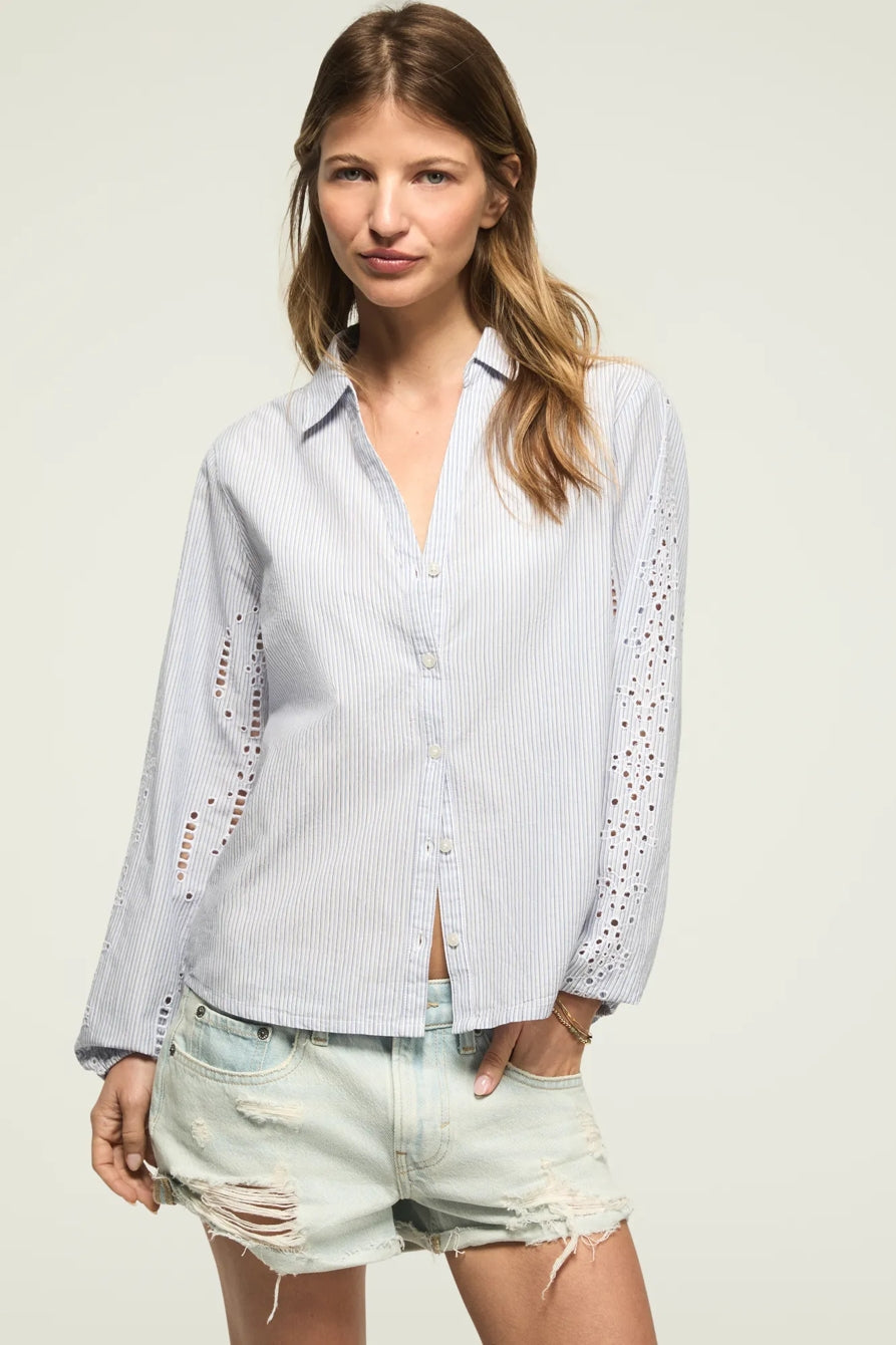 [157841-420] WOMENS LUCKY BRAND CUTWORK LONG SLEEVE BUTTON DOWN - BLUE STRIPE