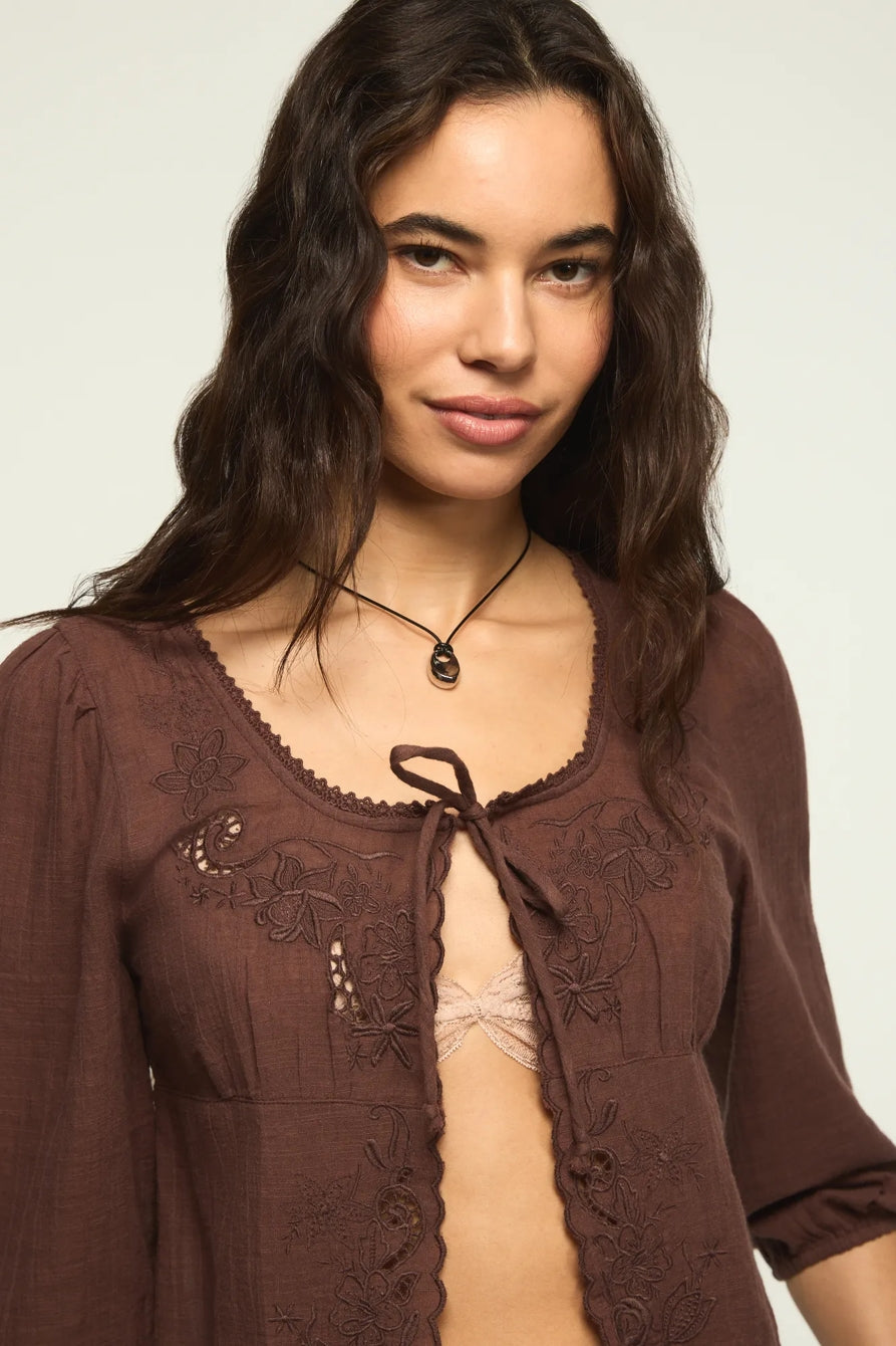 [157942-200] WOMENS LUCKY BRAND FESTIVAL CUTWORK FLYAWAY BLOUSE - FRENCH ROAST