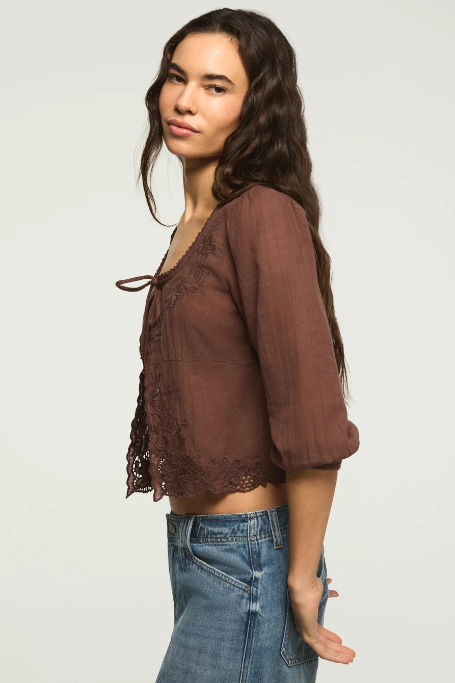 [157942-200] WOMENS LUCKY BRAND FESTIVAL CUTWORK FLYAWAY BLOUSE - FRENCH ROAST
