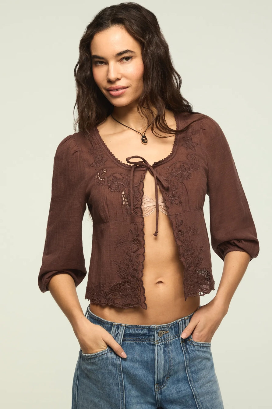 [157942-200] WOMENS LUCKY BRAND FESTIVAL CUTWORK FLYAWAY BLOUSE - FRENCH ROAST