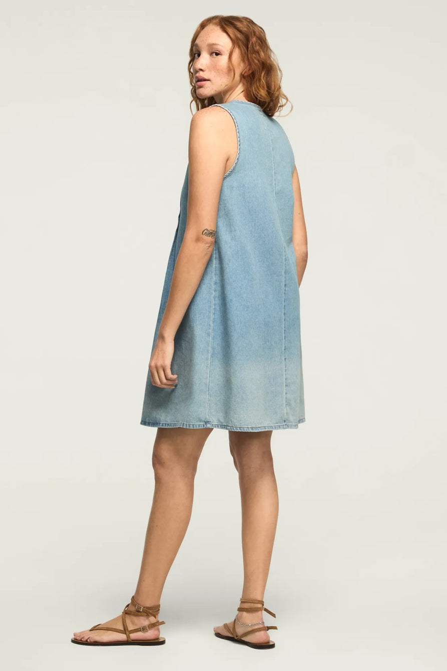 [163329-040] WOMENS LUCKY BRAND PLEATED DENIM MINI DRESS - NICE OUT WASH