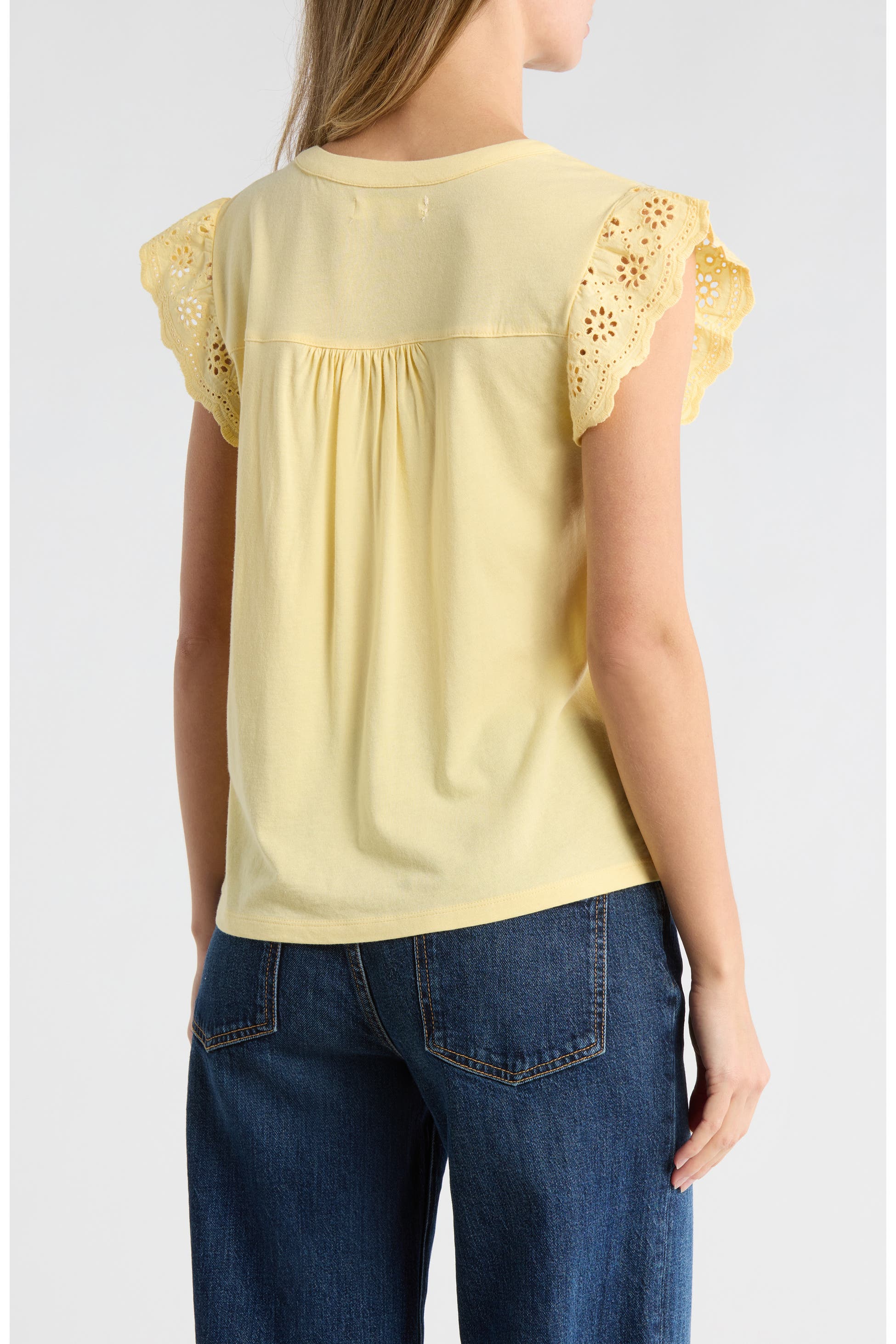 [159632-711] WOMENS LUCKY BRAND MIXED MEDIA SCHIFFLY TOP - SUNLIGHT