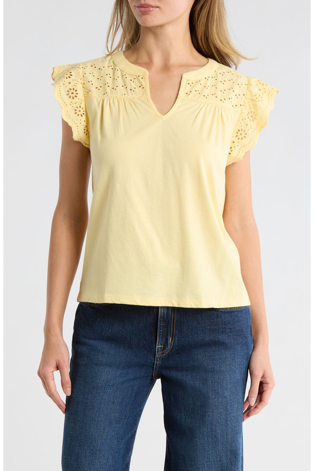 [159632-711] WOMENS LUCKY BRAND MIXED MEDIA SCHIFFLY TOP - SUNLIGHT