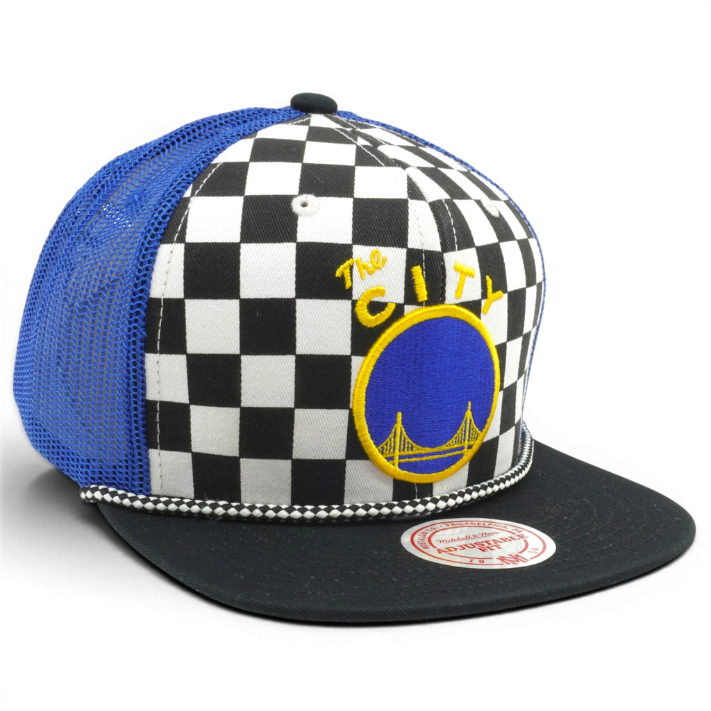 MENS MITCHELL & NESS NBA WARRIORS CHECKERED 'THE CITY' BLUE SNAPBACK