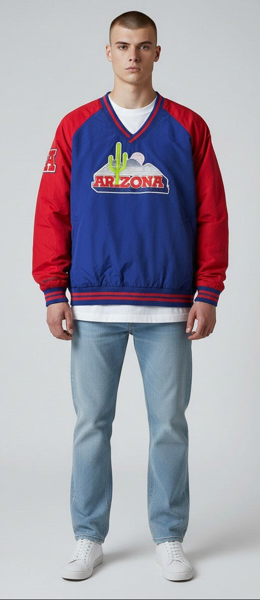 MENS MITCHELL & NESS NCAA NYLON PULLOVER JACKET VINTAGE LOGO ARIZONA WILDCATS