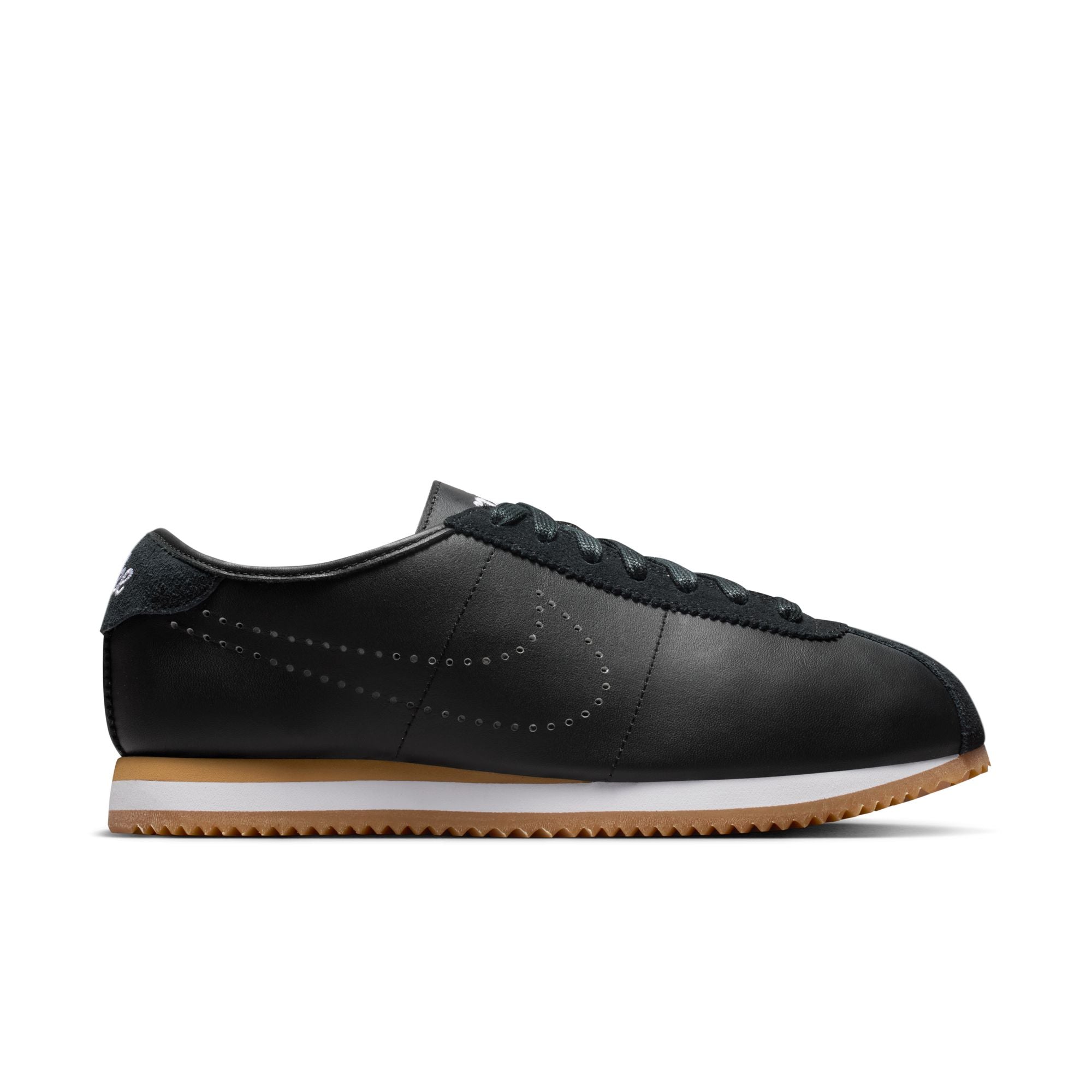 [HQ1841-002] WOMENS NIKE CORTEZ LEATHER 'BLACK WHITE GUM PERFORATED SWOOSH'