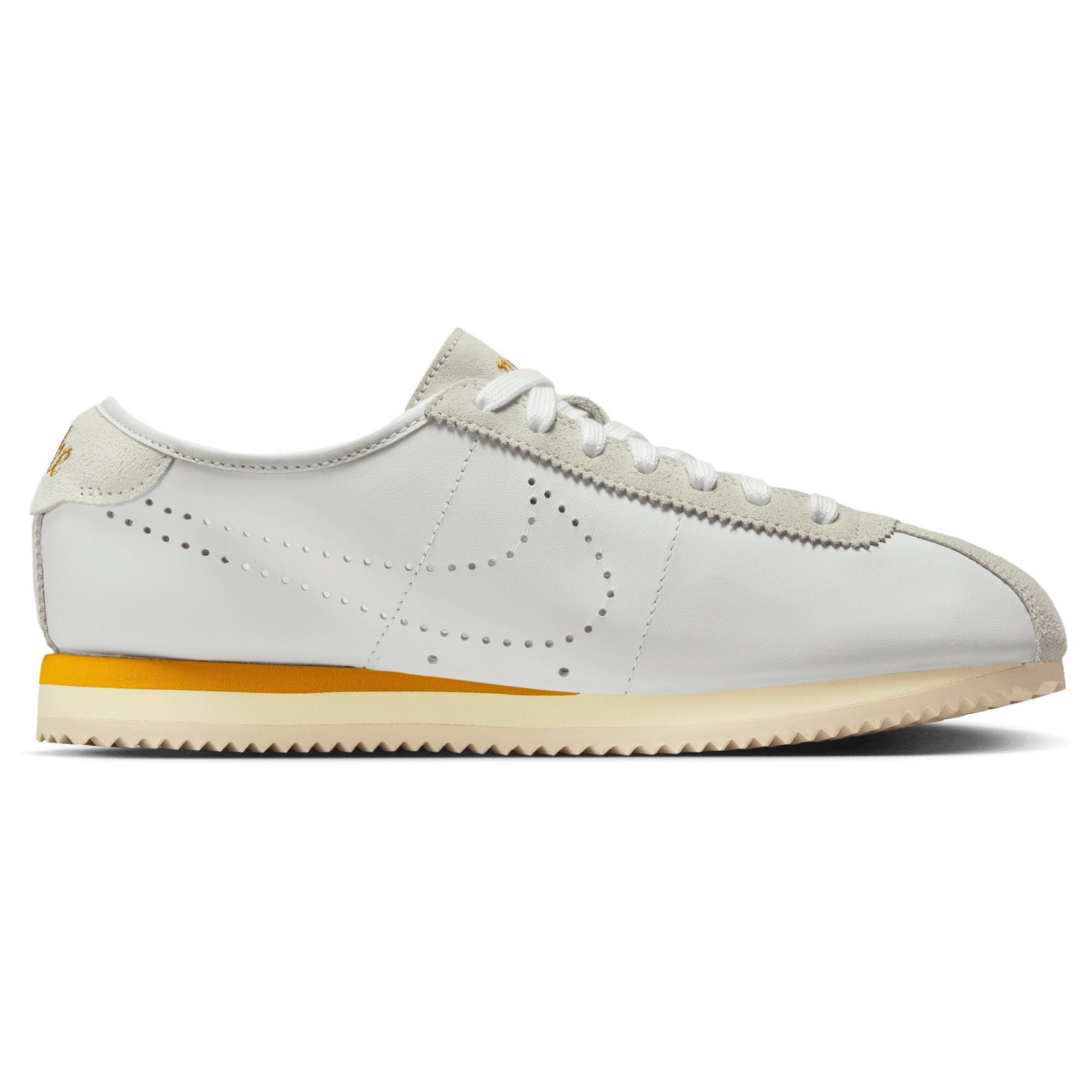 [HQ1841-100] WOMENS NIKE CORTEZ LEATHER 'WHITE BRONZE PERFORATED SWOOSH'