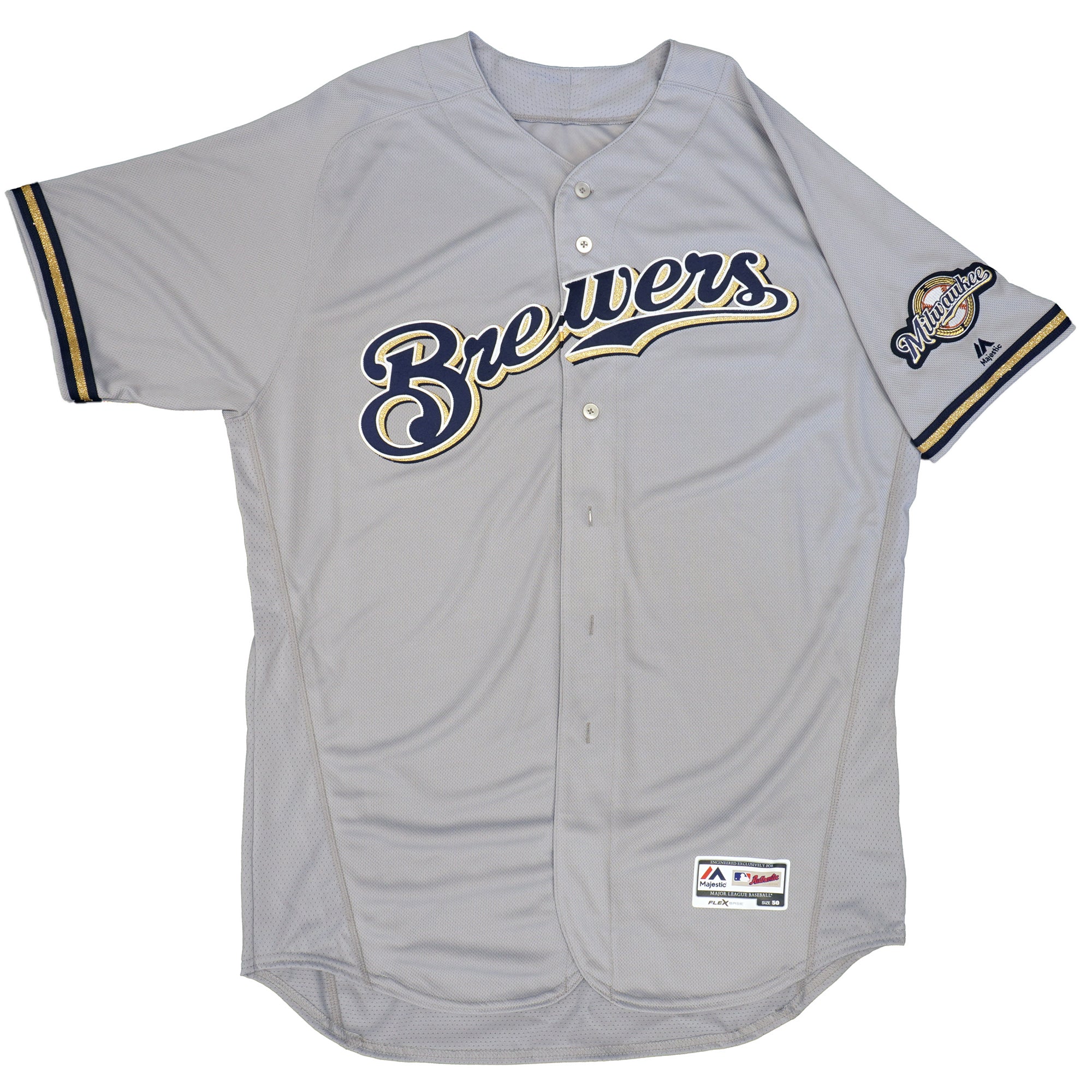 Mens MLB Milwaukee Brewers Authentic On Field Flex Base Jersey - Road Gray