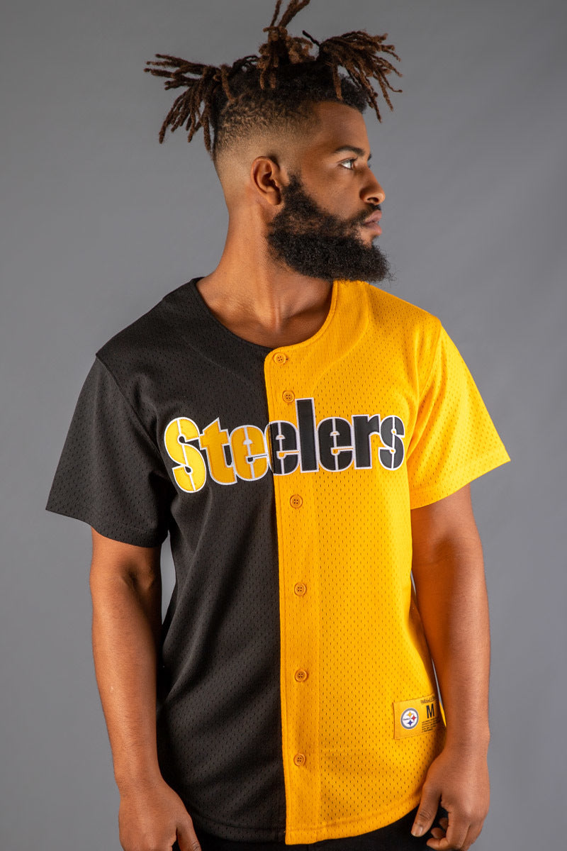 [FA88Y3-PST-K-HFH] Mens Mitchell & Ness NFL Split Color Mesh Button Front Steelers