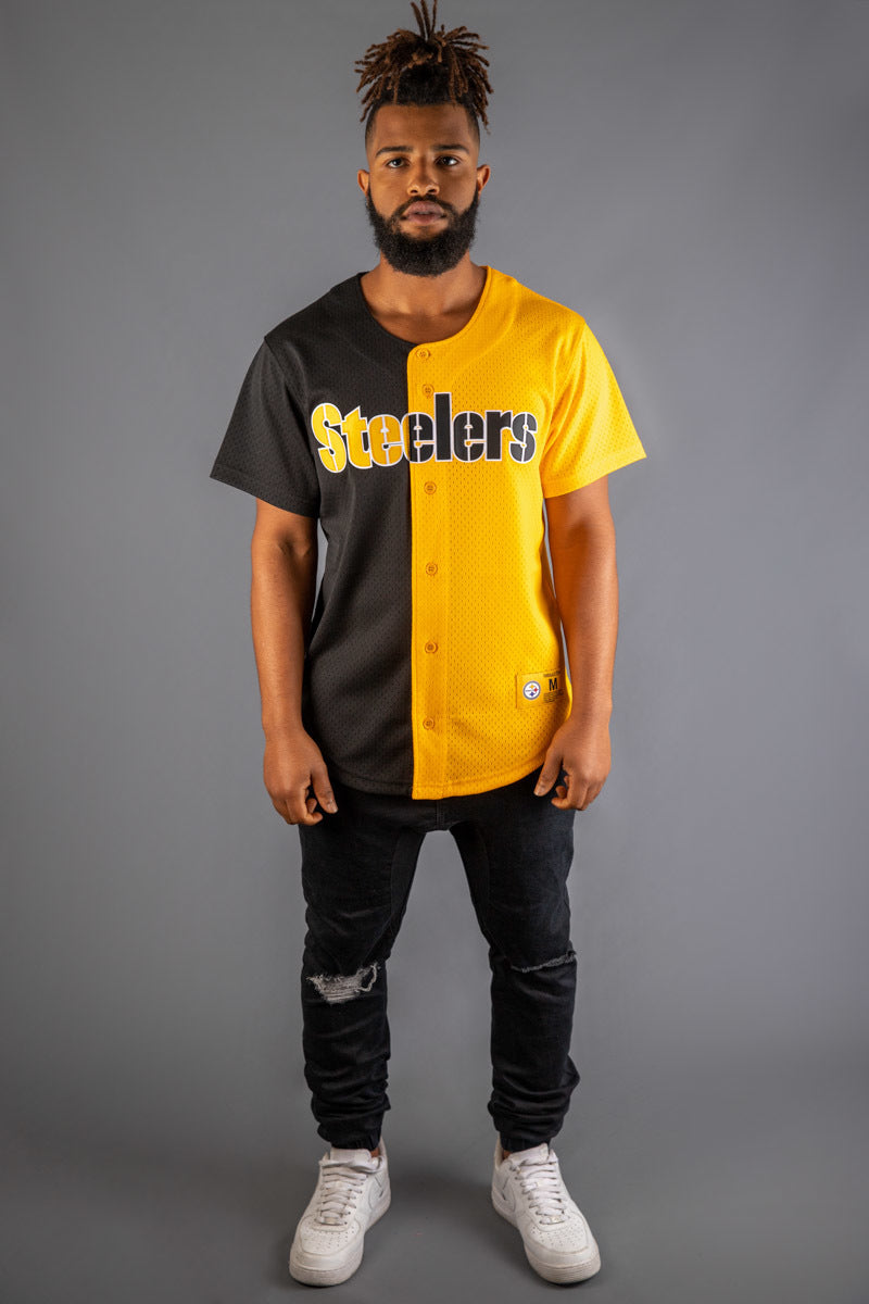 [FA88Y3-PST-K-HFH] Mens Mitchell & Ness NFL Split Color Mesh Button Front Steelers